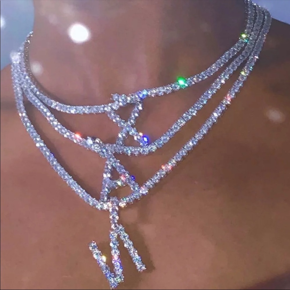 New Women’s Silver Plated Letter Diamond Necklace - Picture 1 of 6